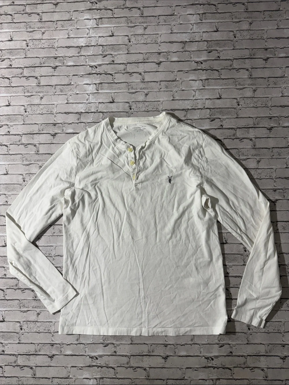 All Saints mens S Small white solid Brace long sleeve Henley shirt EUC